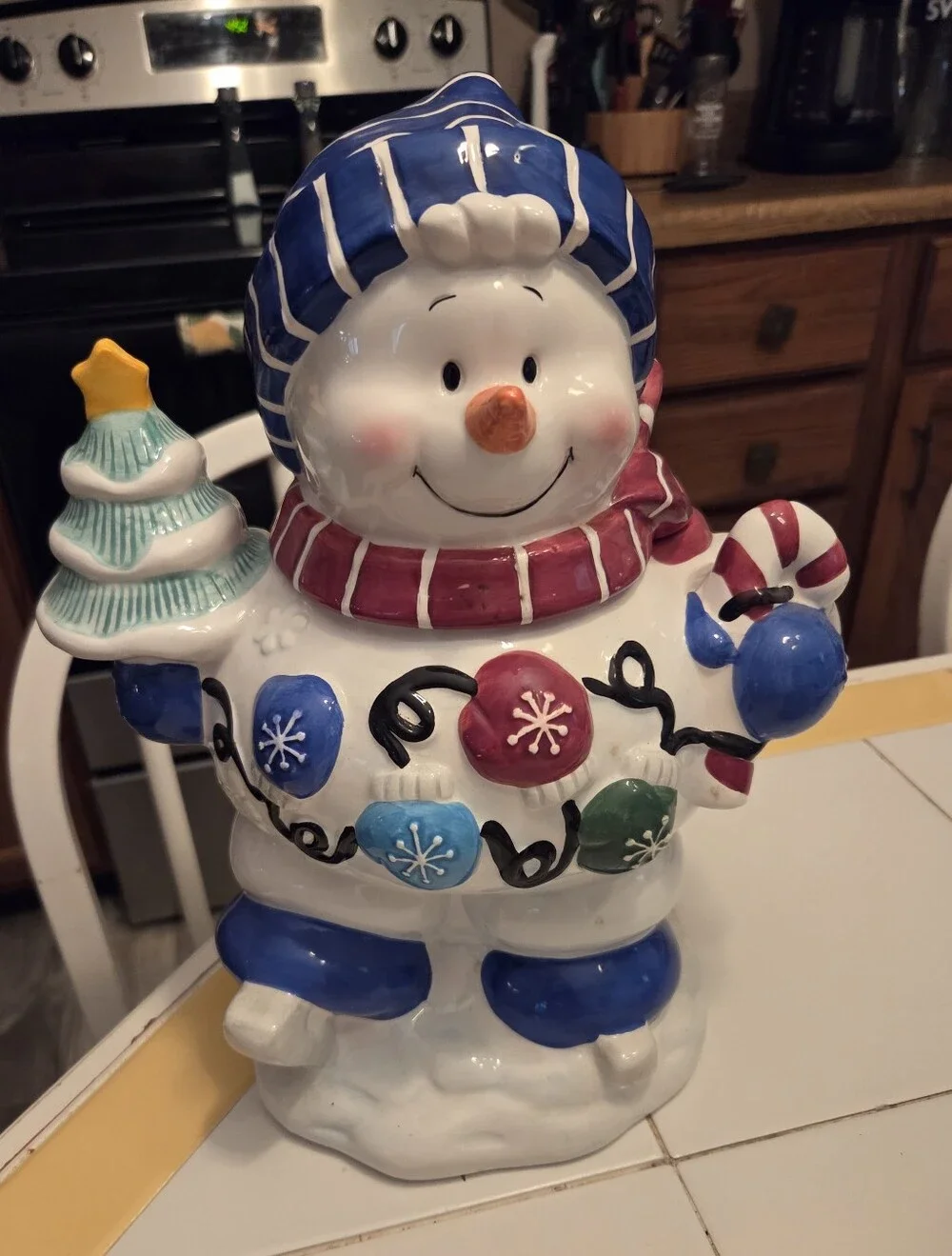 Festive Snowman Ceramic Figurine - White & Blue Holiday Decor